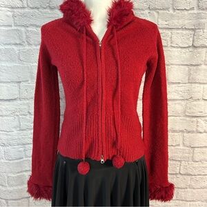 Vintage Red Fuzzy Pom-Pom Hoodie Sweater Extra‎ Big Fur Hood & Sleeves EUC
